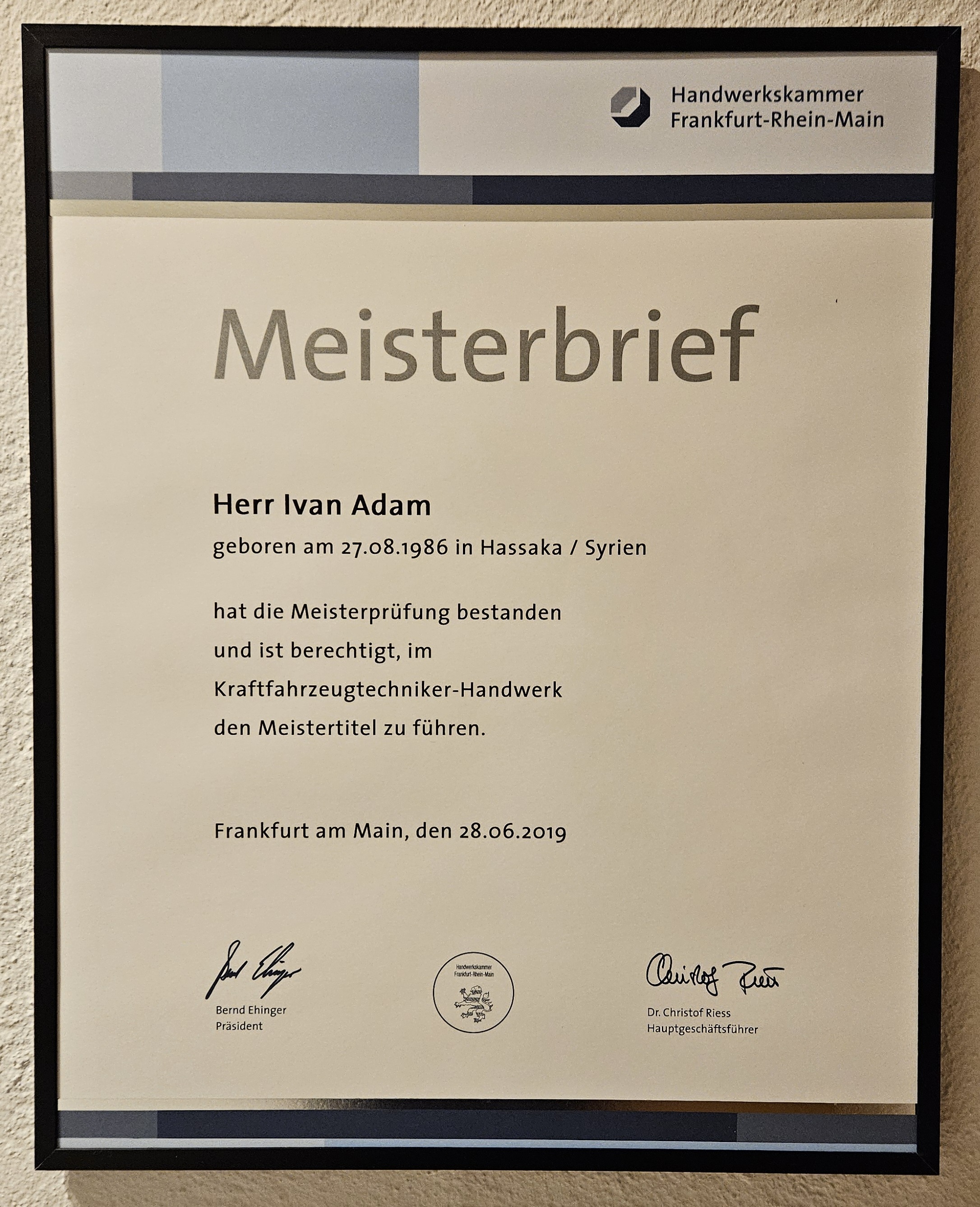 Official Meisterbrief Master Craftsman Certificate for Ivan Adam, German Auto Specialist, issued by Handwerkskammer Frankfurt-Rhein-Main