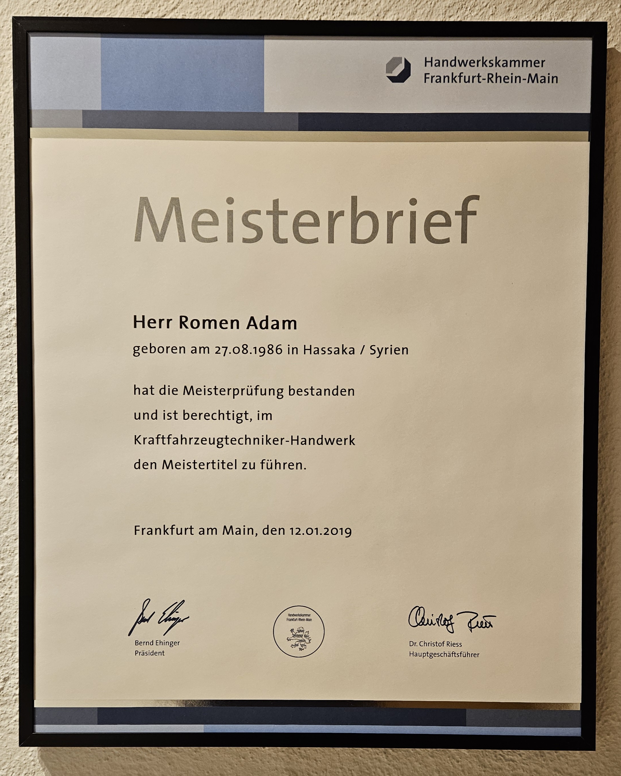 Official Meisterbrief Master Craftsman Certificate for Romen Adam, German Auto Specialist, issued by Handwerkskammer Frankfurt-Rhein-Main